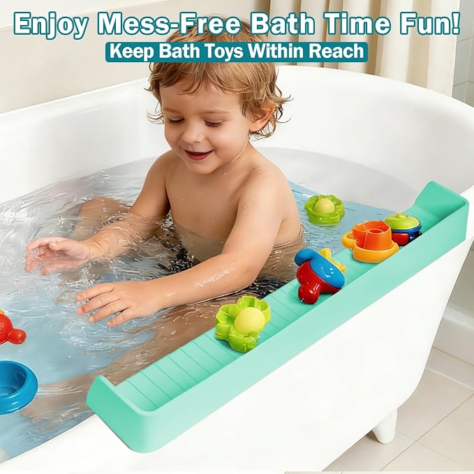 Bathtub Splash Guard for Tub Kids- 31" Extra Long Silicone Bath Play Shelf, Toy Tray & Caddy Holder, Prevent Water Spills & Messy Floors, Tub Edge Guard for Bathroom- Light Green