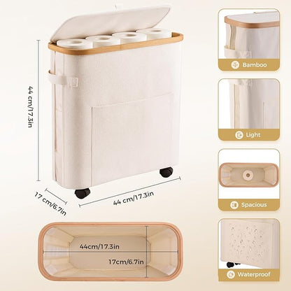 Upgraded Toilet Paper Storage Organizer with Lockable Wheels, 33L Slim Bathroom Hamper – Holds 16 Rolls, Mobile Laundry Basket for Bathroom, Bedroom, Dorm, Foldable & Waterproof (Beige)