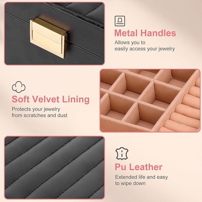 Gifturbo Jewelry Boxes for Women, 2-Layer Jewelry Organizer Box with Removable Tray, PU Leather Jewelry Storage Girls, Modern Style for Rings Earrings Necklace Bracelets, Gift Idea, Black