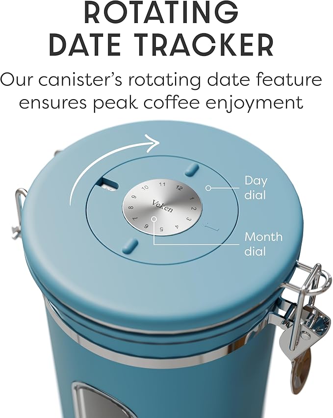 Veken Coffee Canister with Window, Airtight Stainless Steel Kitchen Food Storage Container with Lids, Date Tracker and Scoop for Ground, Beans, Tea, Flour, Cereal, Sugar Jars, 22OZ, Blue