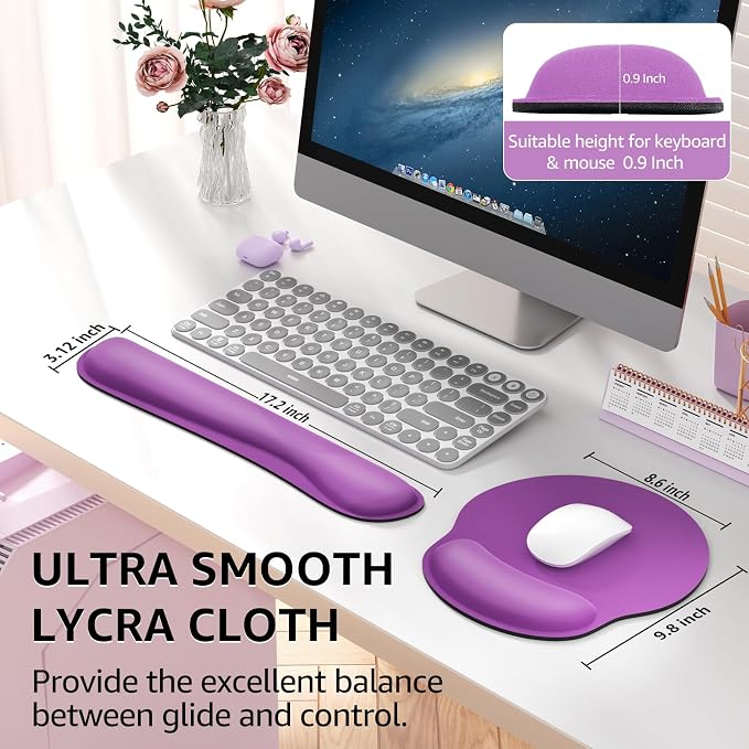 KTRIO Keyboard Wrist Rest & Mouse Pad with Wrist Rest Set, Violet Purple | Memory Foam Wrist Support, Ergonomic Design, Non-Slip Base, Office and Home Use