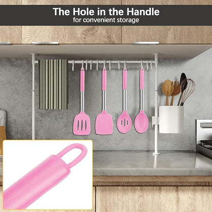 Silicone Spatula Spoon Set, 4 PCS Silicone Cooking Utensils Spatula Spoon Set with Stainless Steel Handle, BPA Free Kitchen Turners for Frying, Mixing, Serving, Draining, Turning, Stirring, Pink