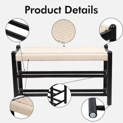 Solid Wood Entryway Bench with Shoe Storage, Rustic Oak Wood and Woven Design 31.5 Inch Long Seating for Living and Dining Rooms, 3-Tier Black
