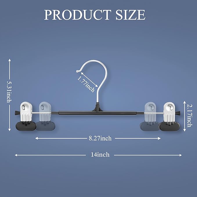 14Inch Clothes Pants Hangers with Wide Clips 50 Pack,Non-Slip Adjustable Skirt Hanger for Women,Space-Saving Heavy Duty Men Hangers for Pants,Trousers,Jeans,Shorts,Black