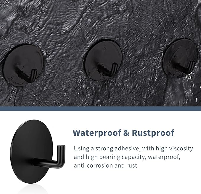 Rise age Adhesive Hooks Heavy Duty Waterproof in Shower Hooks for Hanging Loofah, Towels, Clothes, Robes for Bathroom Removable Adhesive Wall Hooks Door Hook Stainless Steel Black Stick on Hooks 4 Pcs