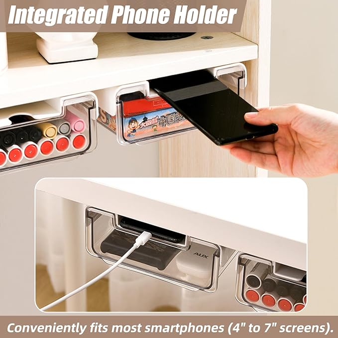 2 Pack Under Desk Storage Drawers Slide Out-Drill-On or Self-Adhesive,Large&Medium Drawer Under Desk Organizer Under Table Drawer for Home Office School Organization and Storage