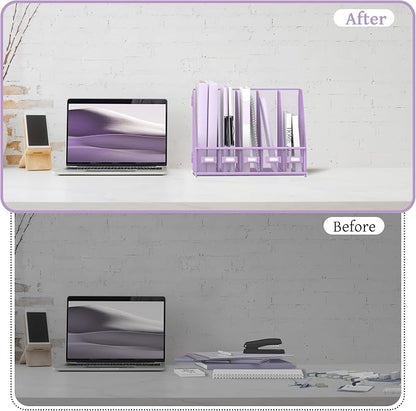 SUPEASY Desk Organizers Metal Desk Magazine File Holder with 5 Vertical Compartments Rack File Organizer for Office Desktop, Classroom, Home Workspace, Purple