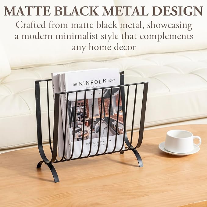 MyGift Matte Black Metal Magazine Rack, Deluxe Mid Century Wire Magazine Rack, Tabletop or Floor Standing Sling Basket for Magazines and Newspapers