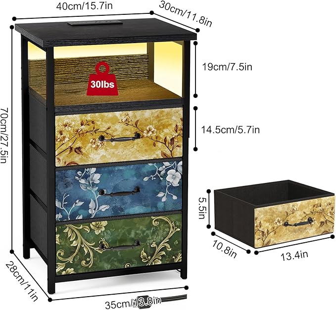 Fixwal Night Stand with Charging Station, LED Nightstand with U-S-B Ports and Outlets, 3 Fabric Storage Drawers with PU Finish, Bedside Table, Vintage Flower