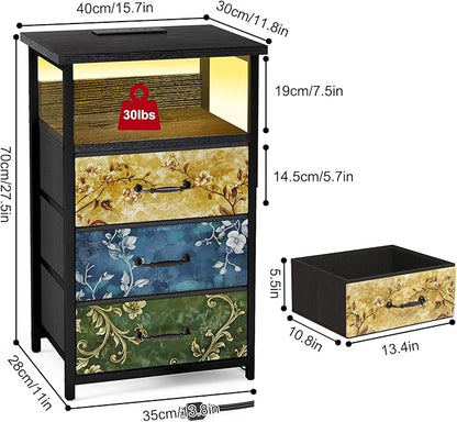Fixwal Night Stand with Charging Station, LED Nightstand with U-S-B Ports and Outlets, 3 Fabric Storage Drawers with PU Finish, Bedside Table, Vintage Flower
