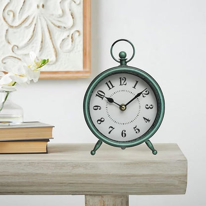 MACVAD Vintage Small Rustic Green Table Clock on Stand - Decorative Desk and Shelf Clock, Battery Operated, Silent Non-Ticking Timepiece Perfect for Office, Living Room, and Bedroom Decor