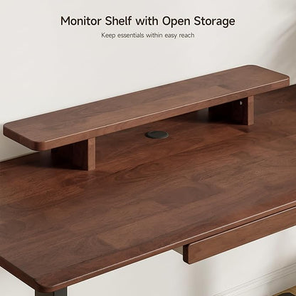 ONBRILL Standing Desk with Drawer, 47x23.6 Inches Solid Wood Desktop Stand Up Desk with Whole-Piece Board and Storage Shelf, Adjustable Height from 28-46 Inches for Home & Office, Black Walnut
