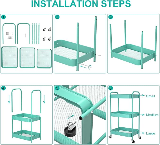 3-Tier Rolling Cart, Metal Utility Storage Carts with Wheels,Blue | Multi-Functional Organizer Easy Assembly Snack Cart