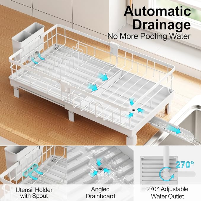 GSlife Expandable Dish Drying Rack - Countertop Drainer, 12-20.5", White | Compact Extendable Design, Swivel Drain Spout, Cup and Utensil Holder, for Small Kitchen, RV, Countertop Dish Drainer Tray
