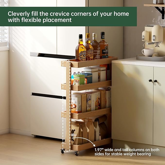 4-Tier Rolling Utility Cart with Lockable Wheels – Solid Oak Mobile Storage Trolley & Shelving Organizer for Kitchen, Living Room(Natural, 7.87" D x 15.75" W x 31.89" H)