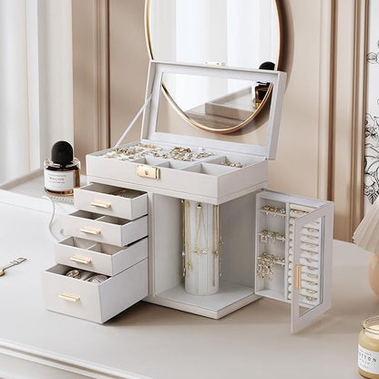 CASEGRACE Large 5-Layer Jewelry Organizer Box with 360° Rotating Necklace Holder, 4 Drawers -Jewelry Case for Necklaces, Rings, Earrings, Bracelets, Watches | Elegant Storage & Gift for Women
