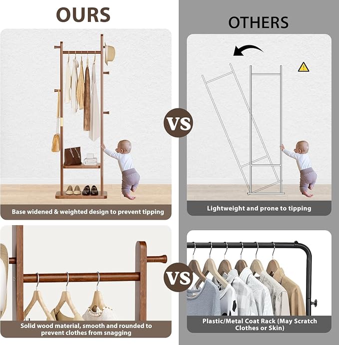 Taitiy Solid Wood Coat Rack, Freestanding Clothing Rack with 2 Shelves Storage & 5 Hooks, Heavy Duty Clothes Rack Stand for Hall, Bedroom, Living Room