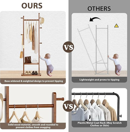 Taitiy Solid Wood Coat Rack, Freestanding Clothing Rack with 2 Shelves Storage & 5 Hooks, Heavy Duty Clothes Rack Stand for Hall, Bedroom, Living Room