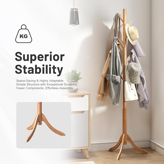 kiplant Coat Rack Freestanding, Bamboo Wood Coat Stand with 8 Hooks,3 Adjustable Size,Easy Assembly NO Tools Required, Coat Tree Hanger Stand for CoatsScarves in Hallway