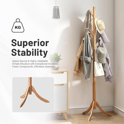kiplant Coat Rack Freestanding, Bamboo Wood Coat Stand with 8 Hooks,3 Adjustable Size,Easy Assembly NO Tools Required, Coat Tree Hanger Stand for CoatsScarves in Hallway