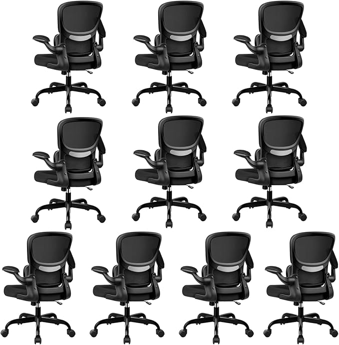 Office Chair Ergonomic Desk Chair, Breathable Mesh Comfy Chair with Lumbar Support, Computer Chair, Home Desk Chair with Flip-up Armrests, Gaming Chair for Adults Home Office (Black,10Pack)