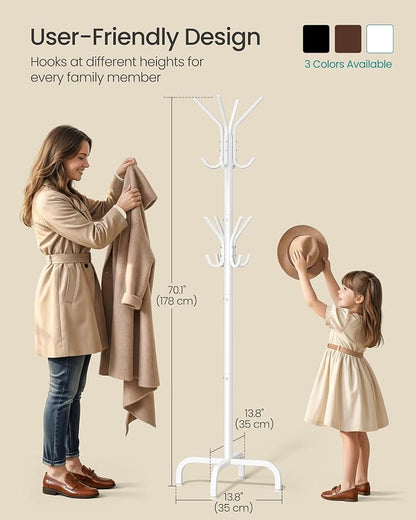 SONGMICS Coat Rack Freestanding with 16 Hooks, Metal Coat Tree Stand with 4 Adjustable Feet, Clothes Hanger Stand for Entryway Bedroom Living Room Hallway Office, Cloud White URCR083WC01S