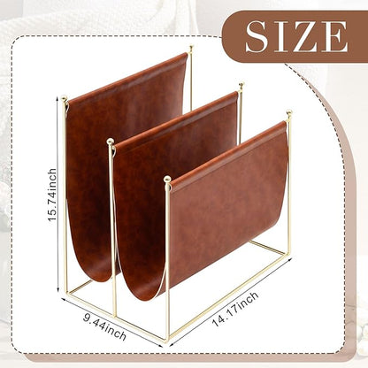 Domensi 2 Tier Leather Magazine Rack, 16 x 14 Inch Floor Standing Magazine Holder, Metal Wire Newspaper Organizer for Home Office, Living Room, Decorative Book Storage Rack for Books, Newspapers