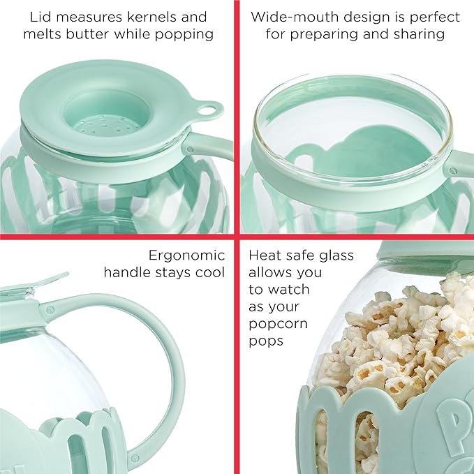 Ecolution Patented Micro-Pop Microwave Popcorn Popper with Temperature Safe Glass, 3-in-1 Lid Measures Kernels and Melts Butter, Made Without BPA, Dishwasher Safe, 1.5-Quart, Aqua (Pack of 4)