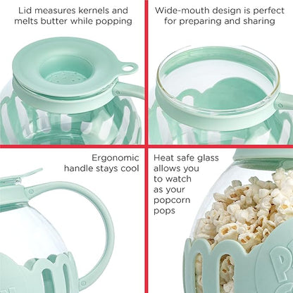 Ecolution Patented Micro-Pop Microwave Popcorn Popper with Temperature Safe Glass, 3-in-1 Lid Measures Kernels and Melts Butter, Made Without BPA, Dishwasher Safe, 1.5-Quart, Aqua (Pack of 4)