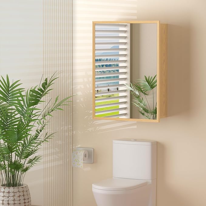 16x24 Inch Wood Medicine Cabinet with Mirror, Surface or Recessed Mounted Bathroom Cabinets with Adjustable Shelves, Soft-Close Hinges, Wall Mounted Cabinet for Storage, Oak-Grain