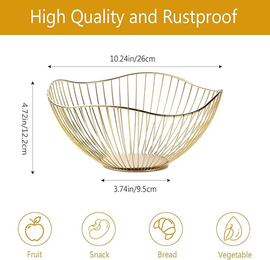 kumet 2-Pack Kitchen Countertop Fruit Baskets – Sturdy Metal Wire Rack, Multi-Purpose Tabletop Storage Tray for Fruits, Vegetables, Bread, and Household Items (Gold)