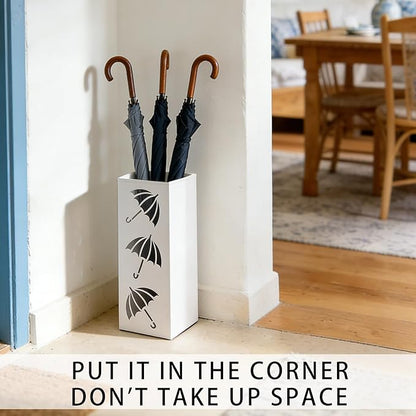 Metal Umbrella Holder, Square Freestanding Umbrella Stand Bucket Storage Indoor for Entryway, 6.3 x 6.3 x 16.3 Inch (White)