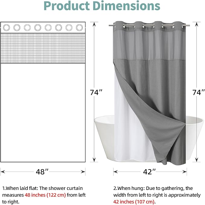 Grey No Hook Waffle Weave Shower Curtain with snap-in Liner Replacement, 230GSM Waterproof Fabric Hotel Shower Curtain Set for Bathroom, Through Mesh Top Window,48Wx74H