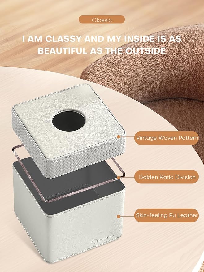 Cloudever Tissue Box Holder Cover, Modern PU Leather Square Decorative Tissue Holder Organizer-Woven New Off White