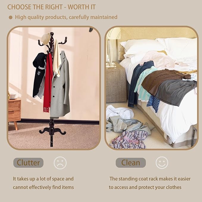 Coat Rack Freestanding with 18 Hooks, Wooden Standing Coat Racks for Entryway, Solid Wood Clothes Hanger Rack with Sturdy Round Base for Entryway, Hall, Bedroom, Office, Hallway (Triangular base)