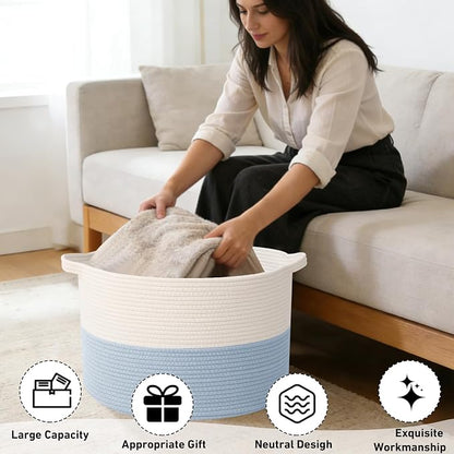 115L Extra Large Woven Cotton Rope Blanket Basket with Handles, Laundry Hamper Storage Bin for Pillows, Comforters,Clothes, Toys, Nursery, Bedroom and Living Room Organization,White&Blue