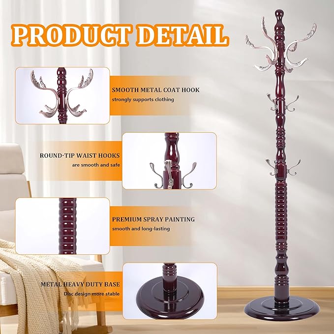 Wooden Coat Tree Freestanding with Metal Hooks, Coat Hanger Stand Clothing Tree with Adjustable Height 47’’-72.8’’, Modern Freestanding Coat Rack for Entrance, Office, Living Room, Bedroom, Corridor