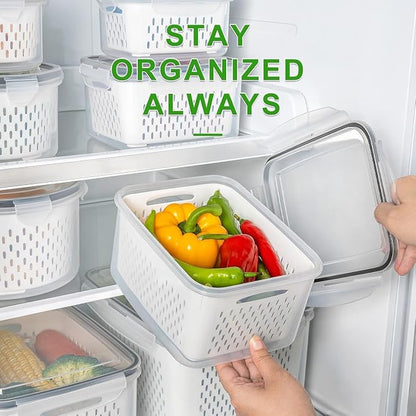 5 PCS Fruit Storage Containers for Fridge, Leakproof Produce Containers for Fridge with Removable Colander, Microwave/Dishwasher Safe Fruit Washing Bowl Keep Fruits, Vegetables, Berry Fresh longer