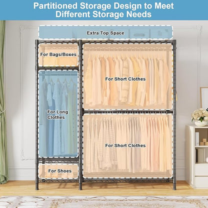Ulif F7 Garment Rack, Heavy Duty Clothes Rack, Clothing Racks for Hanging Clothes, 6-Tiers Freestanding Portable Closet Storage Rack 58'' W × 14.6'' D × 76.6'' H, Max Load 800 Lbs, Black