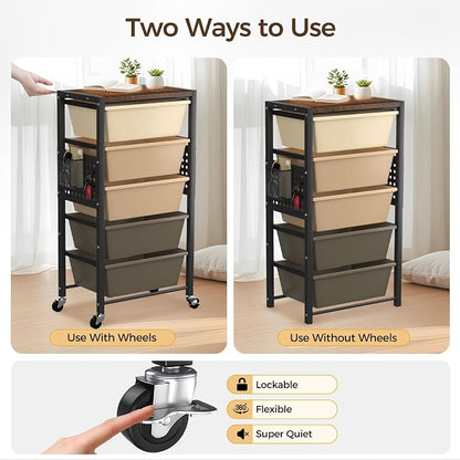 Rolling Cart with 4 Drawers, Plastic Drawer Storage Carts with Wheels & Wooden Tabletop, Metal Utility Cart with Pegboards, Office Living Room Classroom Craft Organization and Storage, Dark Brown