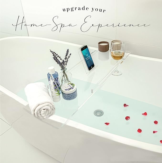 34" Supreme - Clear Acrylic Bathtub Tray Caddy Tub Shelf, Spa Board Luxury Bathroom Bath tub Table, Fits Across Bathtubs, Book, iPad and Wine Glass Holder (Supreme, 34")