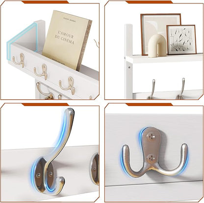 YMYNY 31.5" Coat Rack Wall Mount with Shelf, 4 in 1 Key and Coat Hanger with 12 Metal Hooks, Wall Shelf with Hooks & Mail Holder for Living Room, Bedroom, White, HWS007W-2