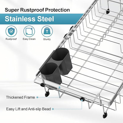 GSlife Dish Drying Rack Over the Sink - Expandable Stainless Steel Dish Drainer for Small Kitchen Apartment, Space Saving Sink Rack with Secure Lock Knob and Utensil Holder, Silver