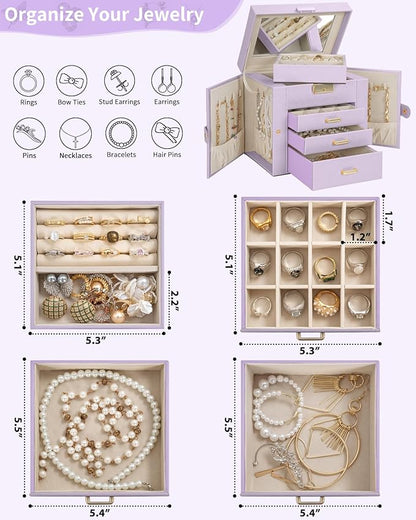 AKOZLIN 4-Tier Jewelry Box Leather Jewelry Storage Organizer with 3 Drawers Lockable for Women Girls Ring Necklace Earring Bracelet Holder with Mirror Purple