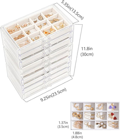 Lolalet Earring Holder Organizer Box Jewelry Storage with 9 Drawers, Clear Acrylic Stackable Earring Case with Adjustable Velvet Trays for Women on Dresser Vanity -Warmwhite, 9 Layers