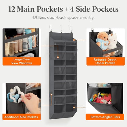 Lifewit 1 Pack Over the Door Organizer, 12 Section Clear Window Hanging Storage with 4 Side Pockets, Sturdy Anti Tilt 40 lbs Load Behind Door for Closet, Bedroom, Bathroom, Nursery, Dorm, Dark Gray