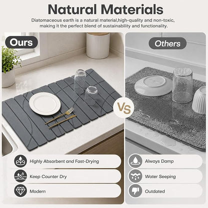 Extra Large Stone Dish Drying Mat for Kitchen Counter, Quick Dry Stone Dish Mats, Foldable Water Absorbing Diatomaceous Drying Pad for Countertop Bottles Utensils Bathroom (Flow Line Gray 32"x16")
