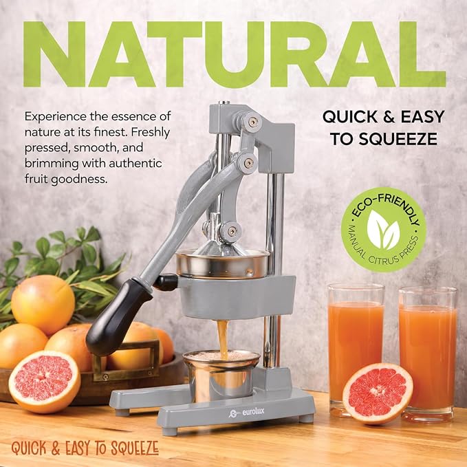 Eurolux Ultra-Premium Cast Iron Juicer | Extra-Large, Heavy Duty, Commercial Grade, Stainless Steel Manual Hand Press Citrus Squeezer For Fresh Orange Juice, Pomegranate, Lemon, and Much More (Gray)