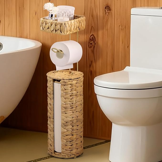Free Standing Toilet Paper Holder, Rattan Wicker Toilet Paper Basket with Storage, Water Hyacinth Decorative Tissue Roll Storage Holder with Lid for Bathroom