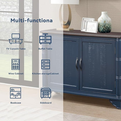 HMFULE 40" Sideboard Buffet Storage Cabinet, Retro Console Table with Solid Wood Feet Adjustable Shelf & 2 Doors for Kitchen Dining Room Living Room (Navy Blue)